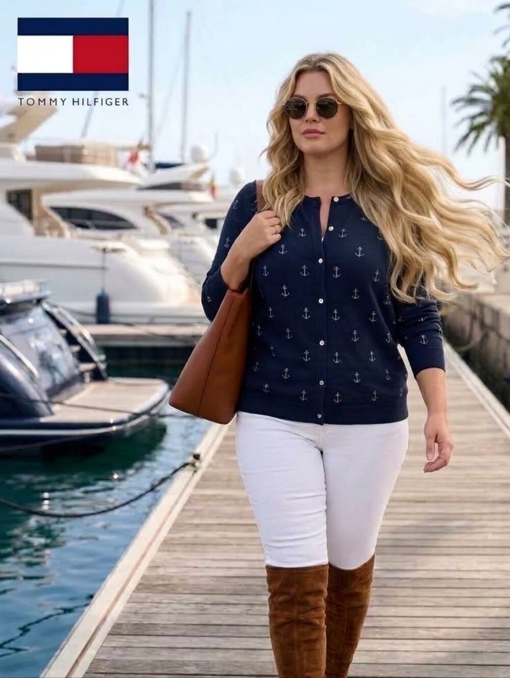 Tommy Hilfiger Anchor Print Cardigan Women's XXL Navy Blue 100% Pima Cotton